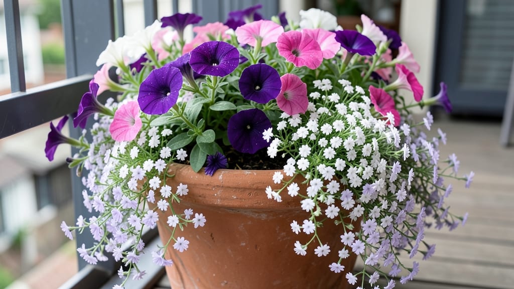 Container Garden With Petunias And Sweet Alyssum