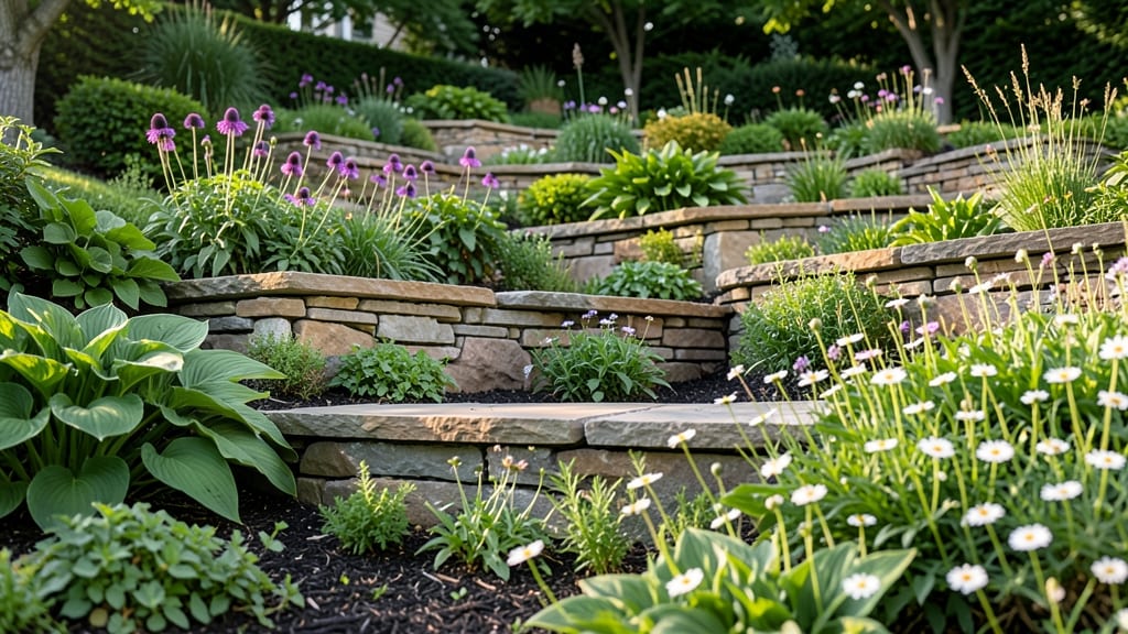 Tiered Stone Edged Flower Beds