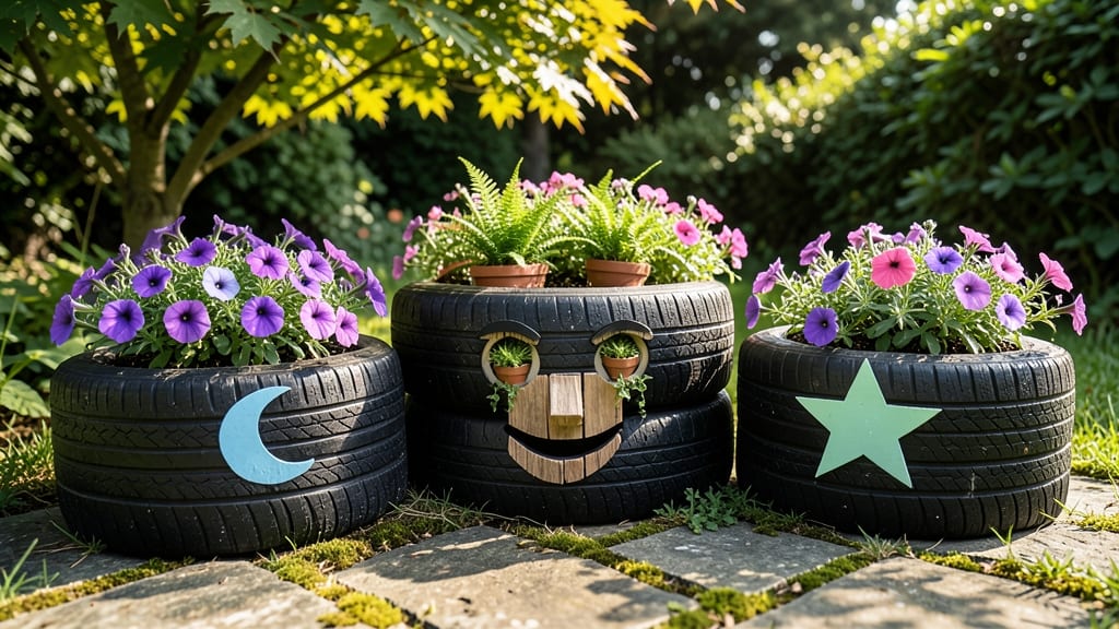 Tire Planters with Peeking Faces or Whimsical Cutouts