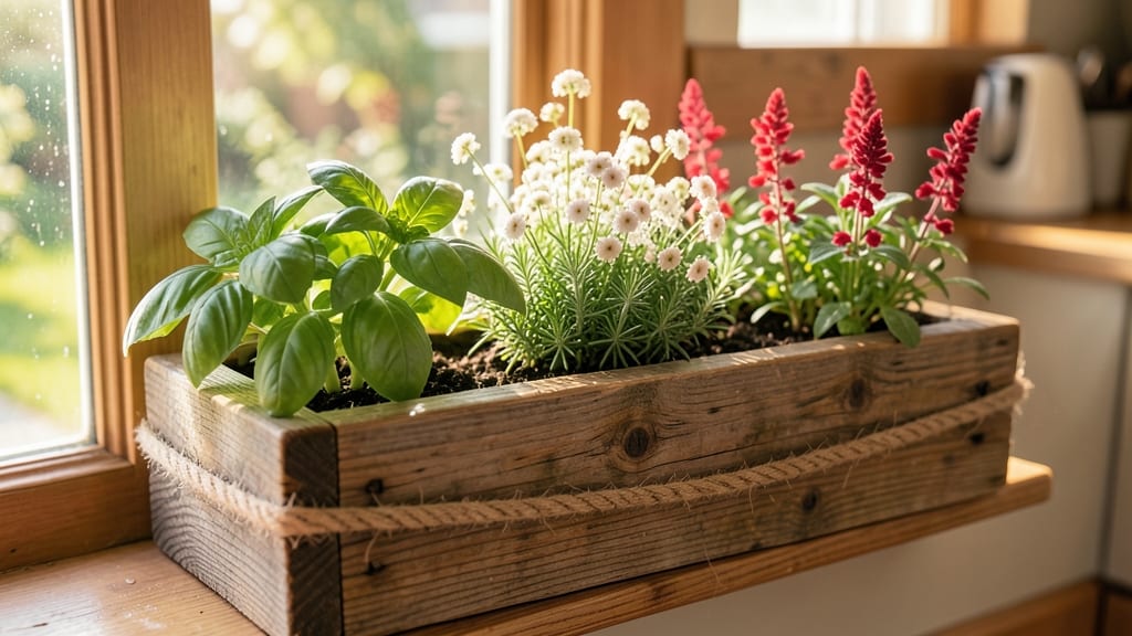 Farmhouse Kitchen Window Boxes with Herbs and Flowers