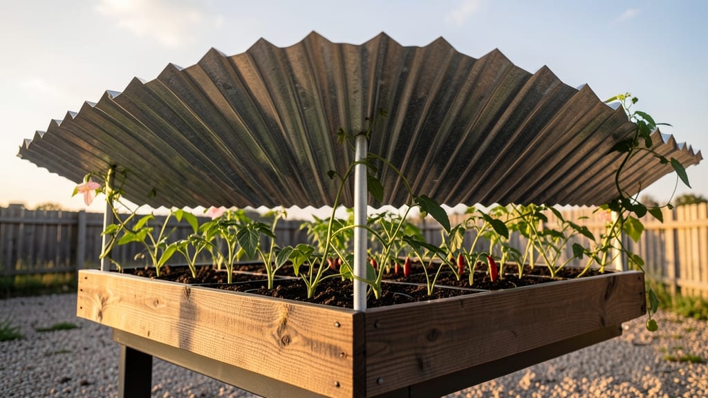 Corrugated Metal Roofing Trellis Over Cedar Bed