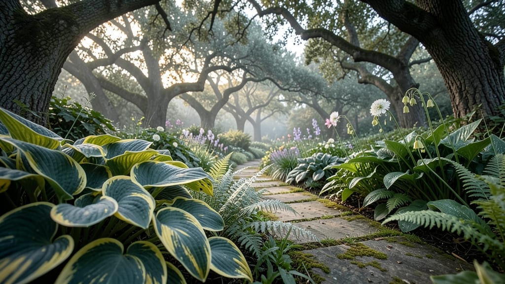 Shady Perennial Garden with Hostas and Ferns