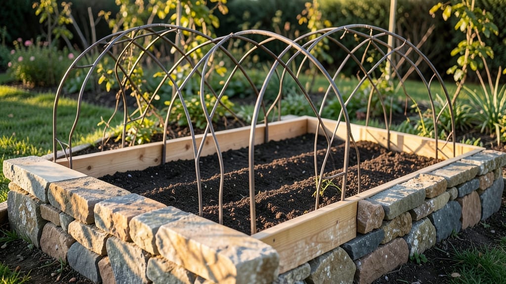 Stone Border Raised Bed With Twisting Trellis Arches