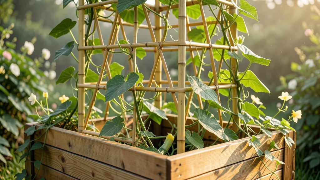 Bamboo Cage Trellis Inside Wooden Raised Bed