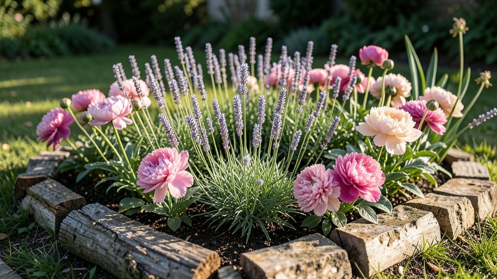 Classic Cottage Garden with Peonies and Lavender