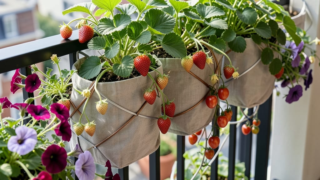 Hanging Fabric Pocket Planter With Trellis Supports