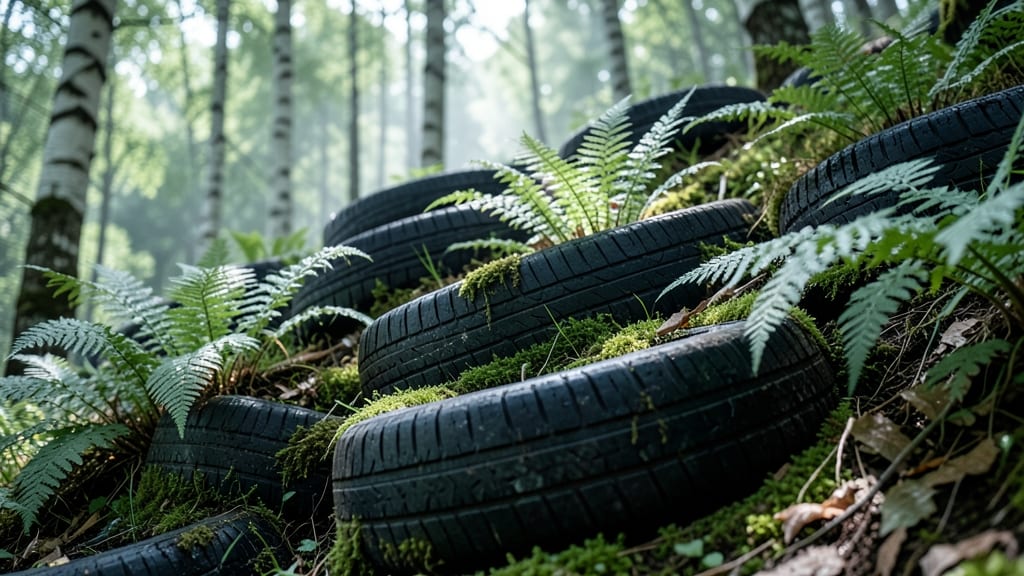 Tire Planters with Moss and Ferns for Shady Spots