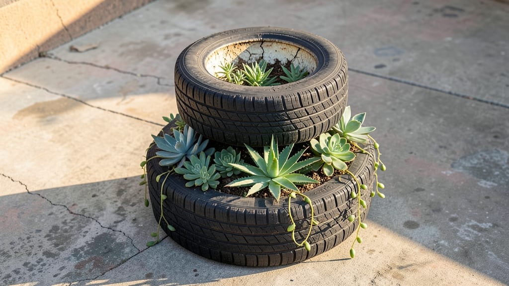 Tire Planters Filled with Succulents and Cacti