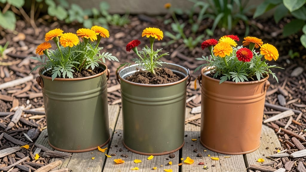 Vintage Tin Can Flower Planters with Marigolds