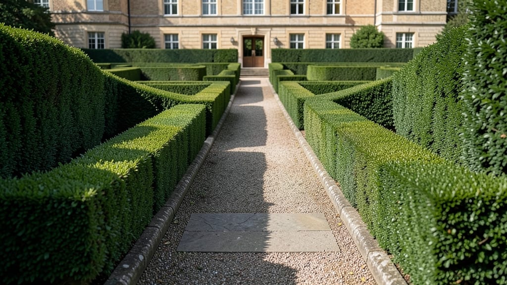 Geometric Boxwood Hedge Walkway with Annuals