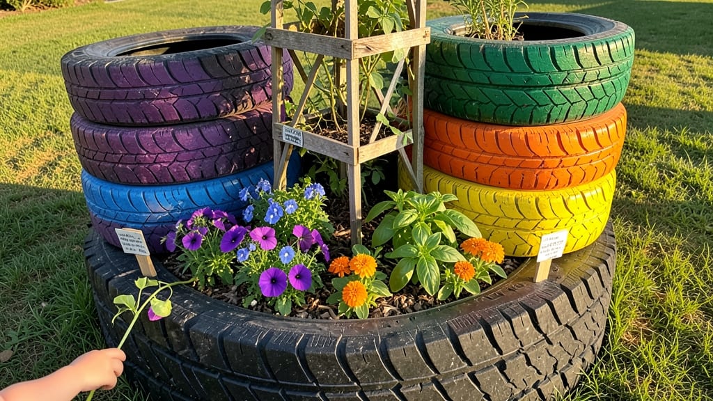 Rainbow Tire Planters with Color-Coded Sections