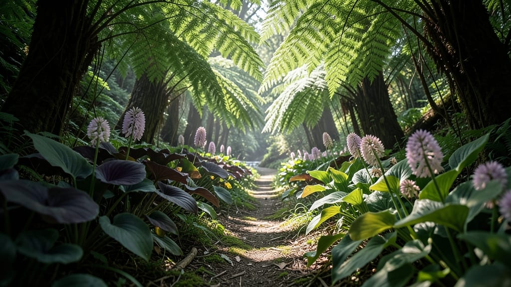 Woodland Shade Path with Ferns and Hostas