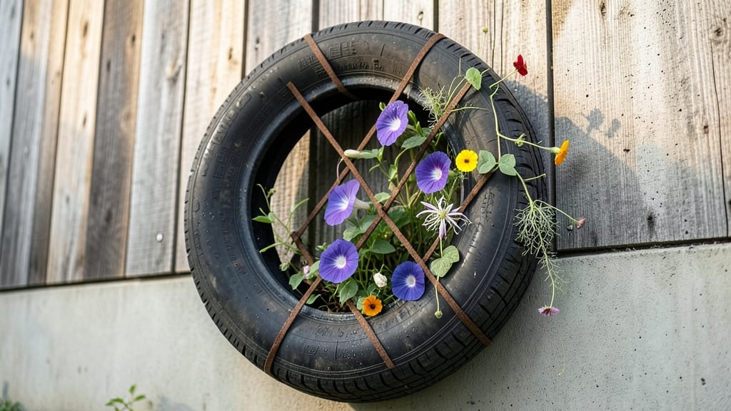 Tire Planters with Built-In Trellises for Climbing Flowers
